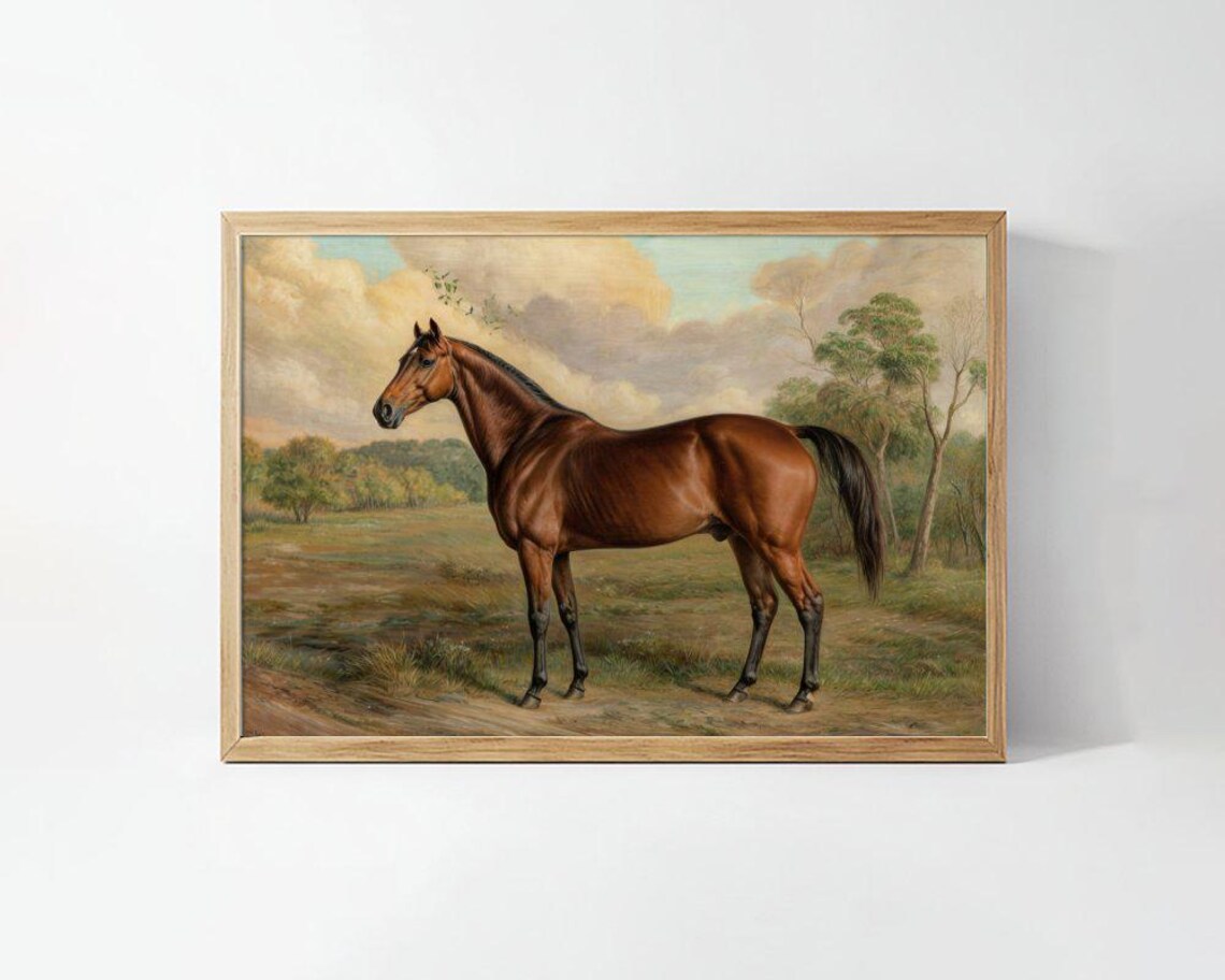 Classic Bay Stallion Portrait Vintage Horse Painting Art Poster