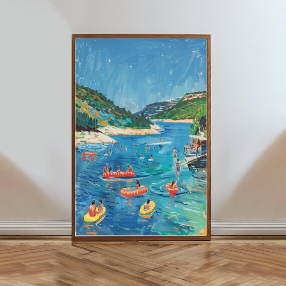 Summer River Tubing Impressionist Floaters Turquoise Bay Art Poster