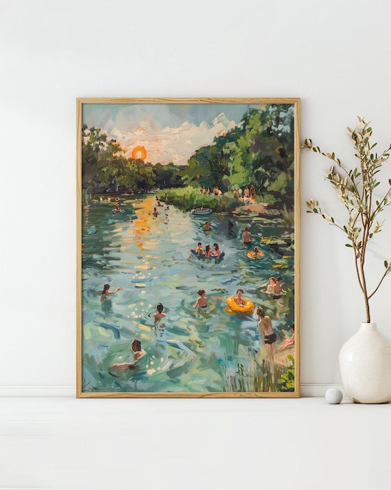 Summer Swim River Swimmers Sunset Impressionist Midcentury Travel Poster