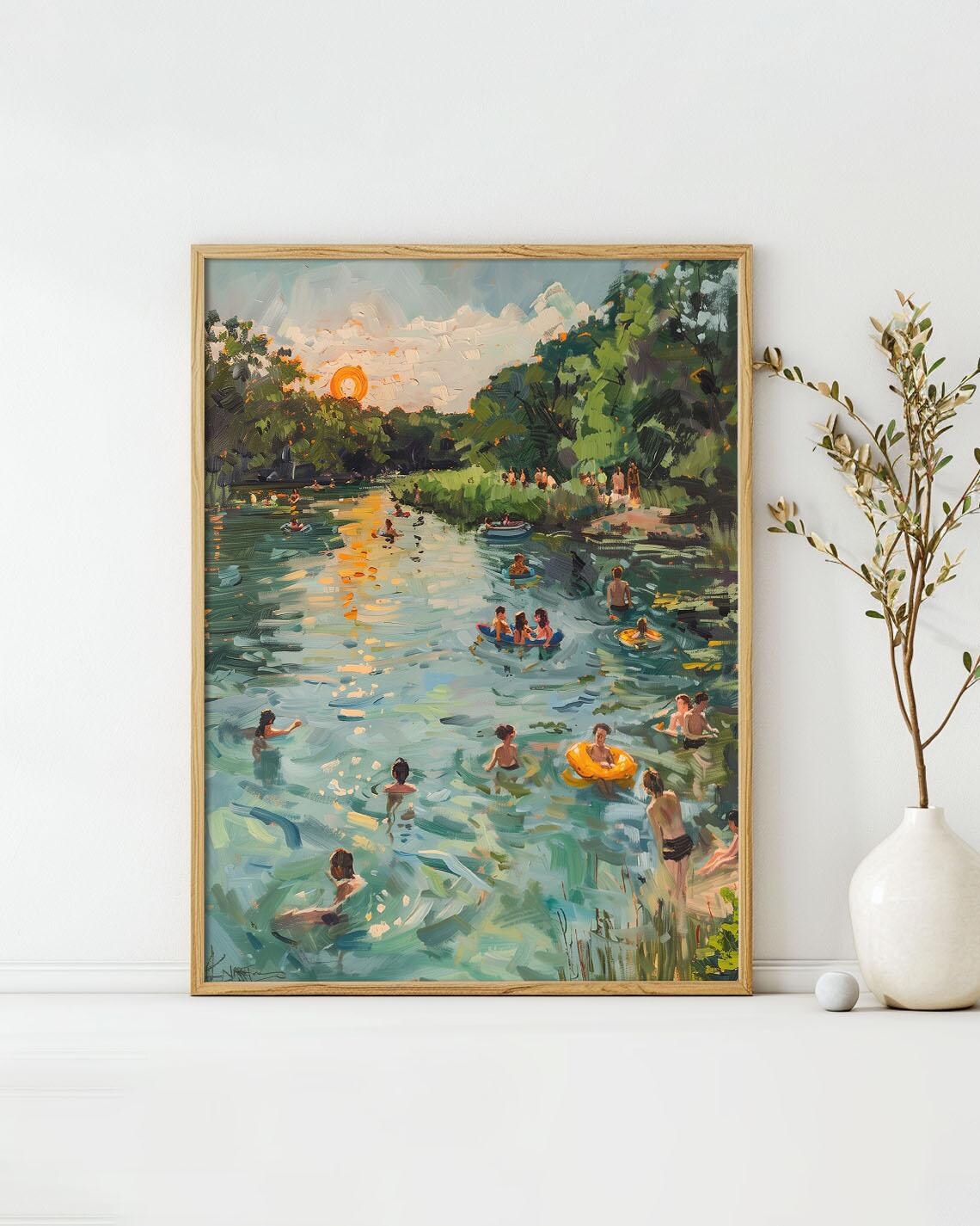 Summer Swim River Swimmers Sunset Impressionist Midcentury Travel Poster