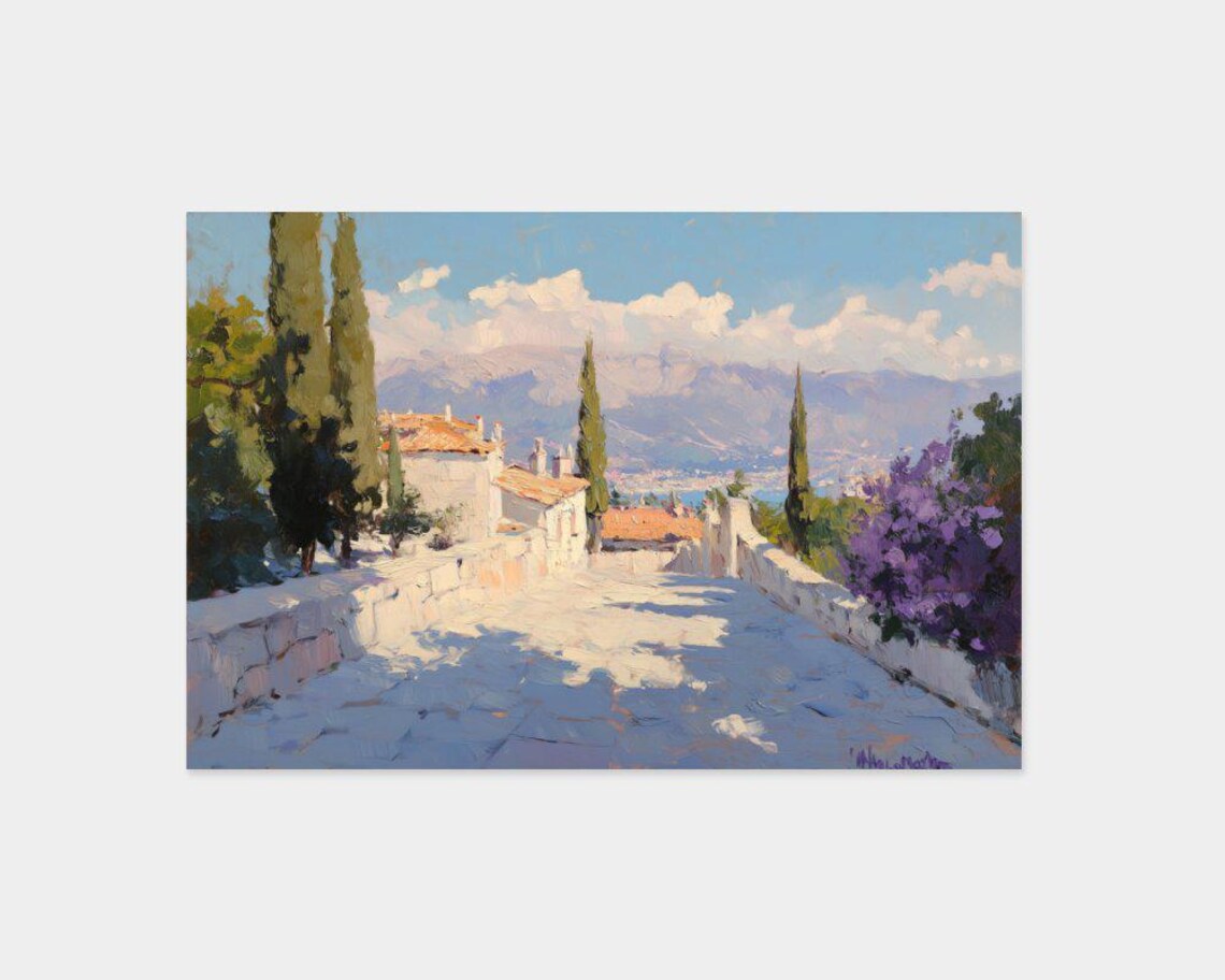 Mediterranean Village Scenic Art Print, Sunlit Landscape - Image 2