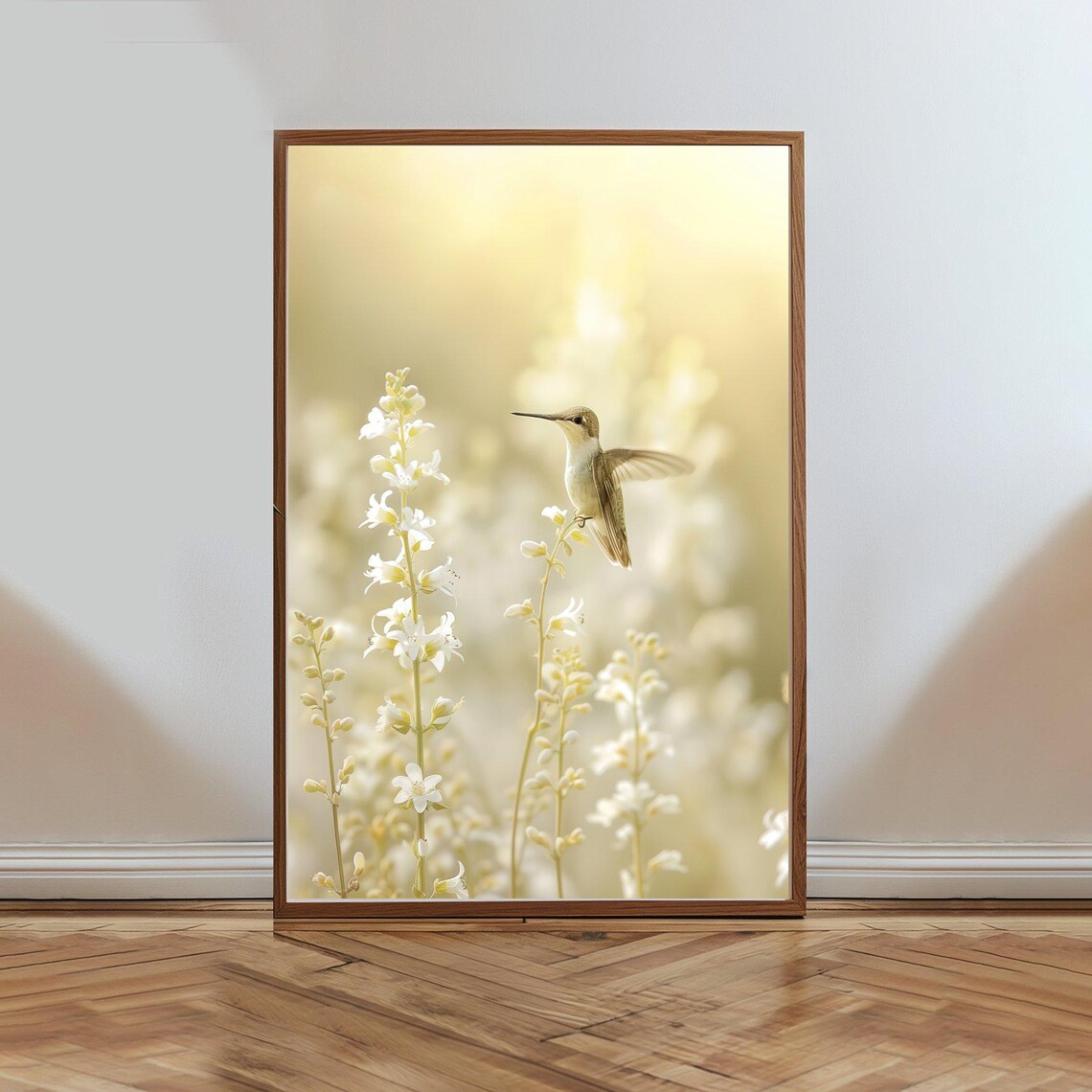 Hummingbird White Wildflowers Golden Morning Light Nature Poster