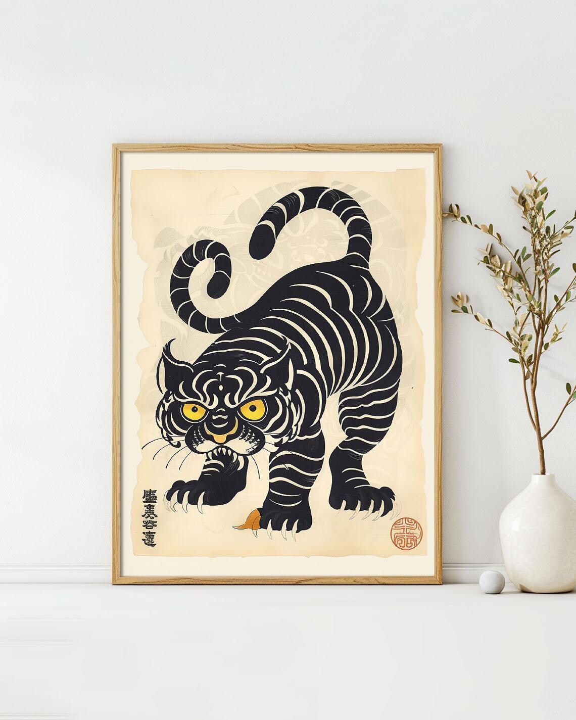 Traditional Japanese Black Tiger Vintage Woodblock Animal Poster