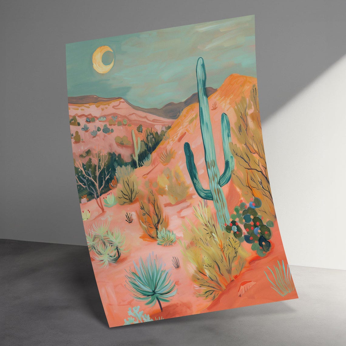 Desert Valley Under Crescent Moon Pastel Southwest Night Poster - Image 3