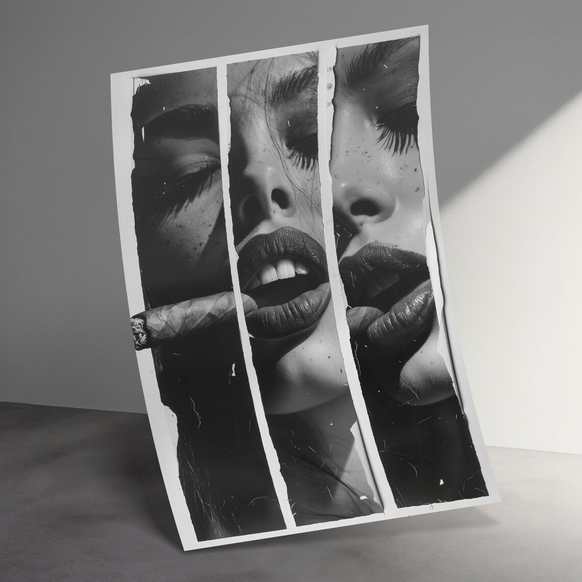 Vintage Glamour Woman Smoking Cigar Torn Paper Triptych Poster - Image 3