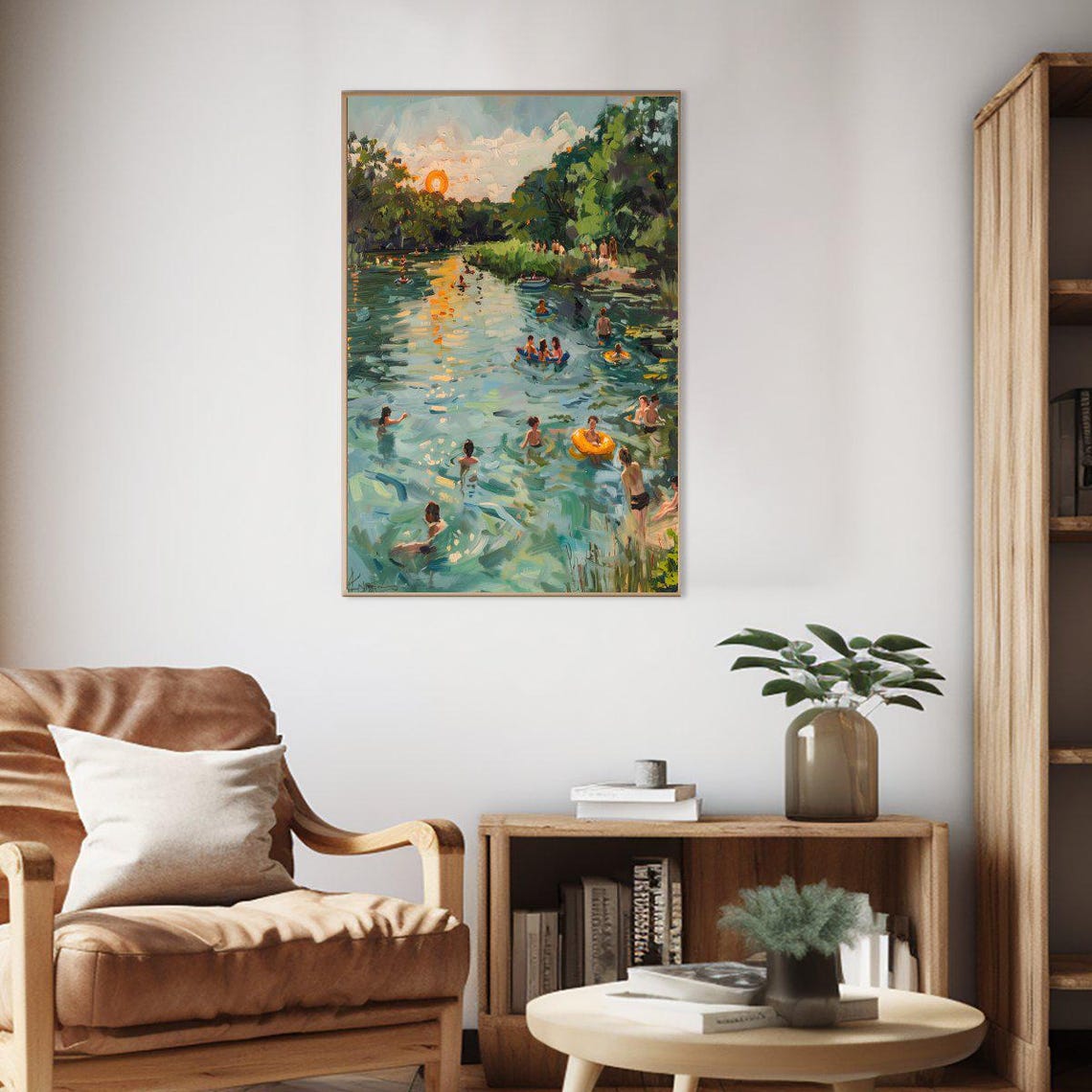 Summer River Swimming Hole Sunset Impressionist Oil Art Poster - Image 2