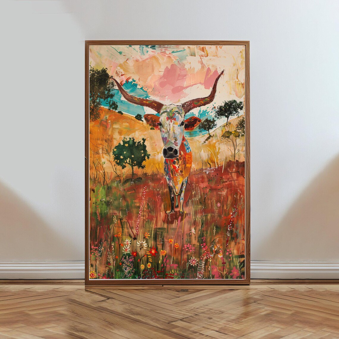 Abstract Floral Texas Longhorn Bull Meadow Oil Painting Poster