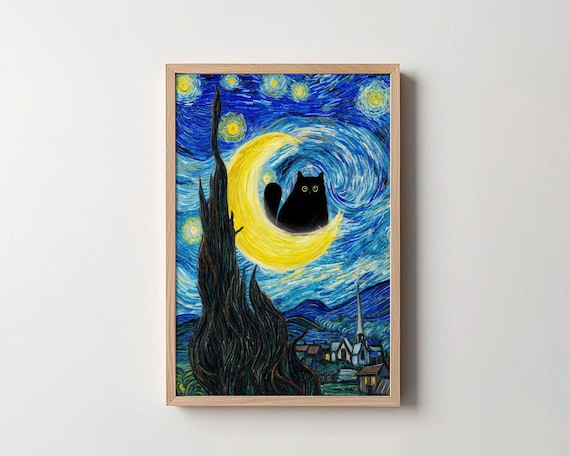 Starry Night Cat Art Black Cat On Crescent Moon Print Whimsical Cat On Moon Night Sky Cat Art Wall Decor