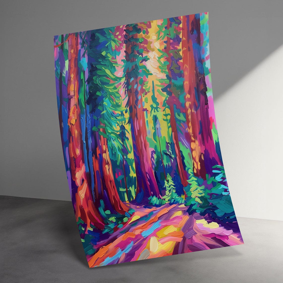 Vibrant Colorful Forest Path Redwood Trees Nature Painting Poster - Image 3
