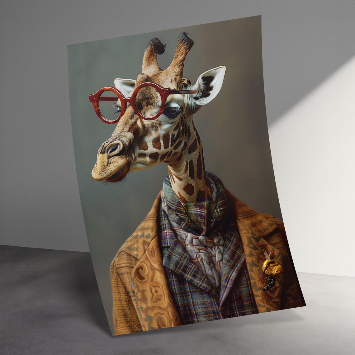 Giraffe Professor Red Glasses Vintage Coat Funny Animal Portrait Poster - Image 3