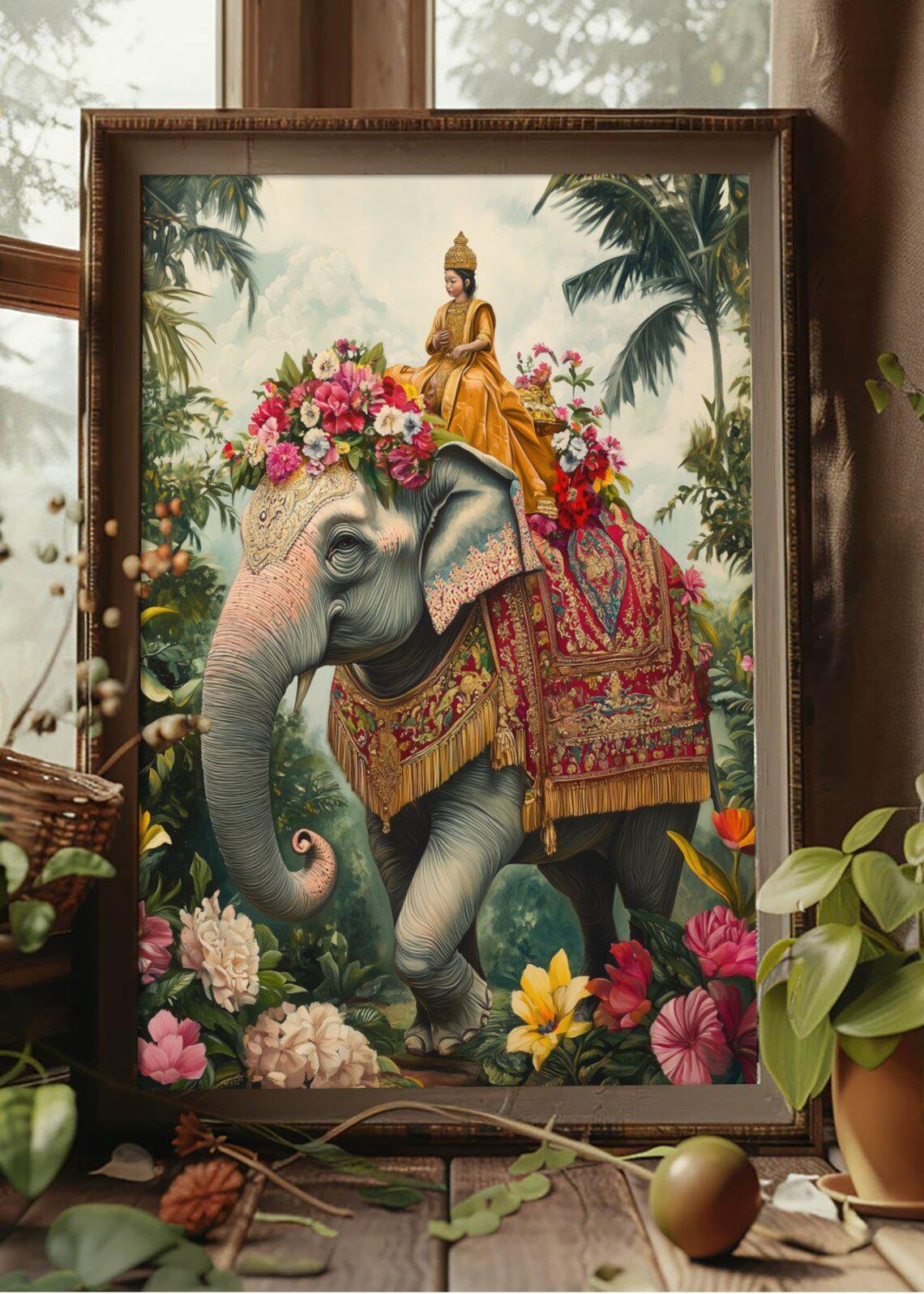 Royal Elephant With Rider In Flower Jungle Exotic Art Poster - Image 2
