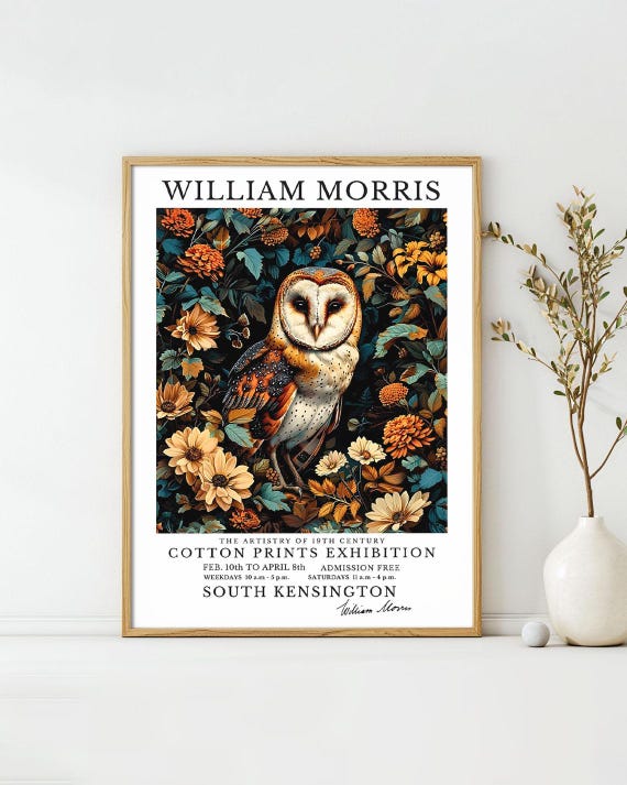William Morris Posters Owl On Floral Background Bird Art Print Vintage Exhibition Wall Deco William Morris Exhibition Poster