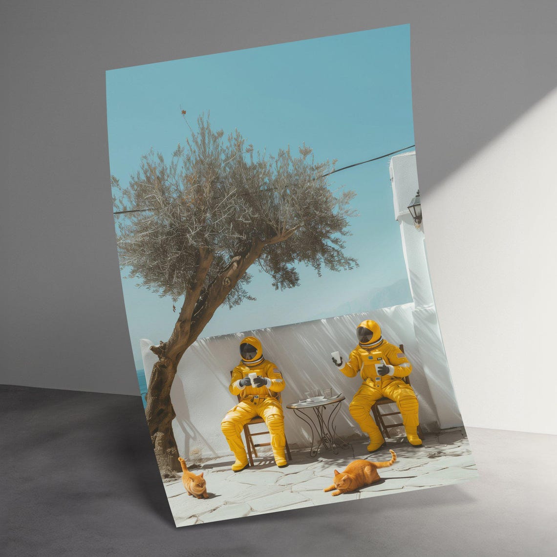 Astronauts Drinking Coffee on Sunny Mediterranean Terrace Poster - Image 3