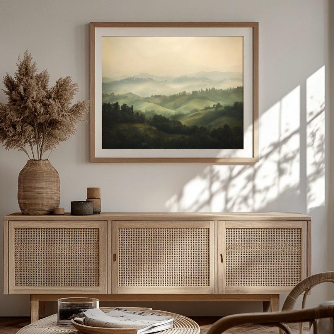 Misty Rolling Hills at Dawn Soft Sepia Countryside Art Poster - Image 3