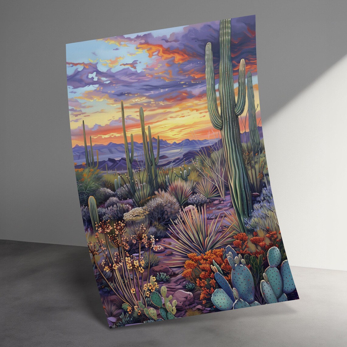 Desert Sunset Saguaro Cactus Landscape Purple Sky Painting Poster - Image 3