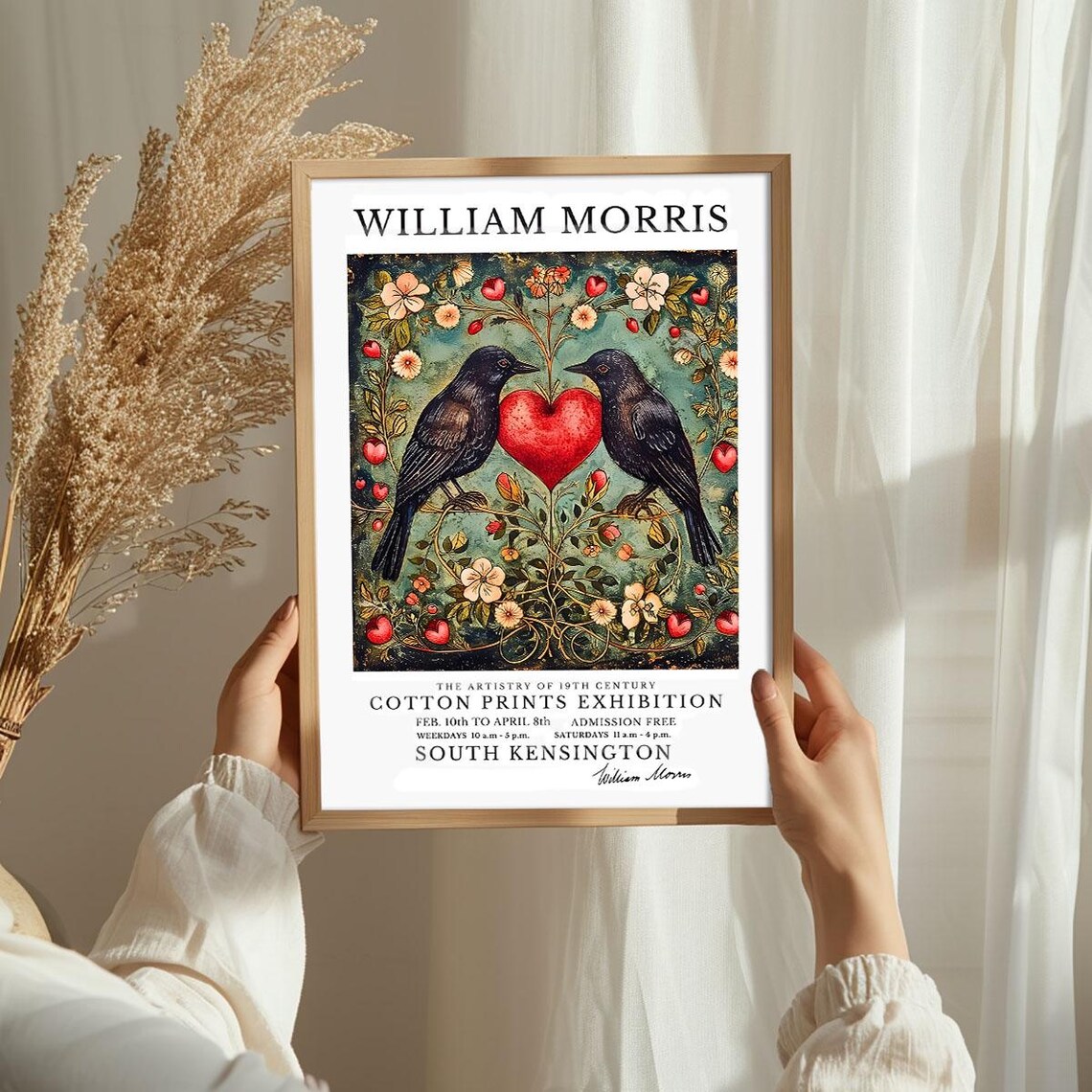 William Morris Two Black Birds Red Heart Cotton Prints Exhibition Poster - Image 3