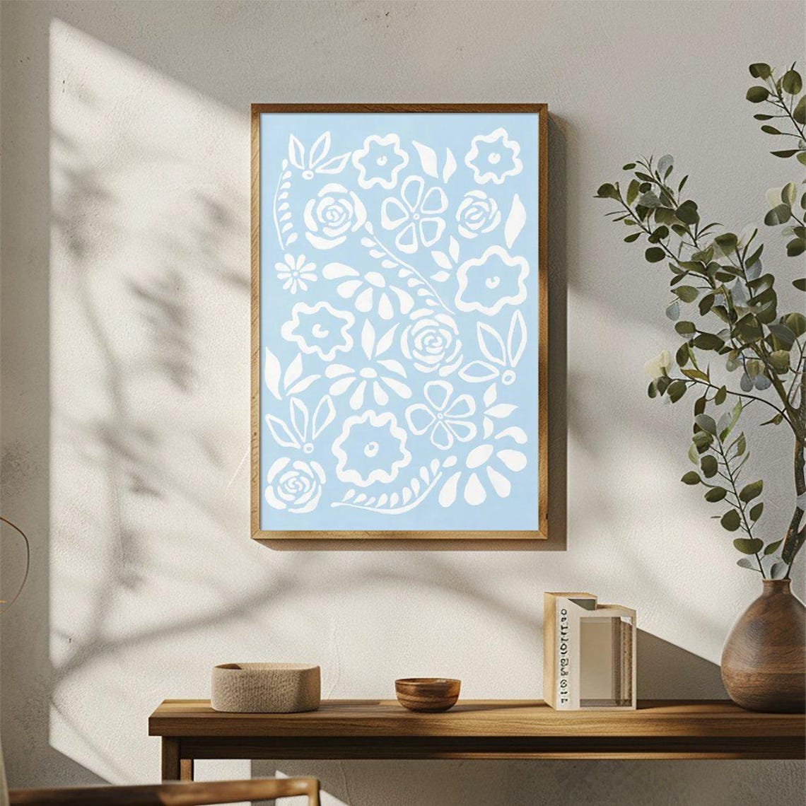 White Floral Pattern On Light Blue Folk Style Decorative Poster - Image 3