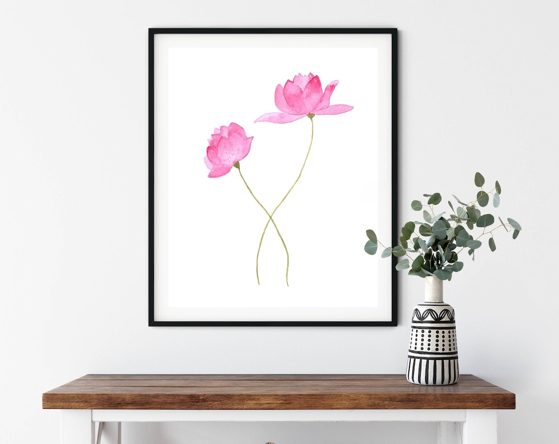 Pink Watercolor Peonies Minimalist Modern Botanical Wall Art