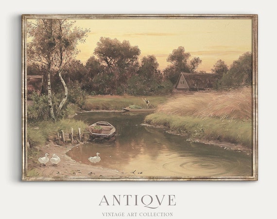 Farmhouse Landscape Painting, Country Field Art
