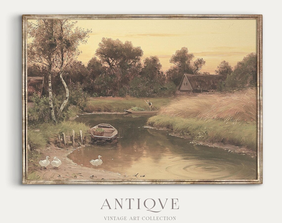 Farmhouse Landscape Painting, Country Field Art