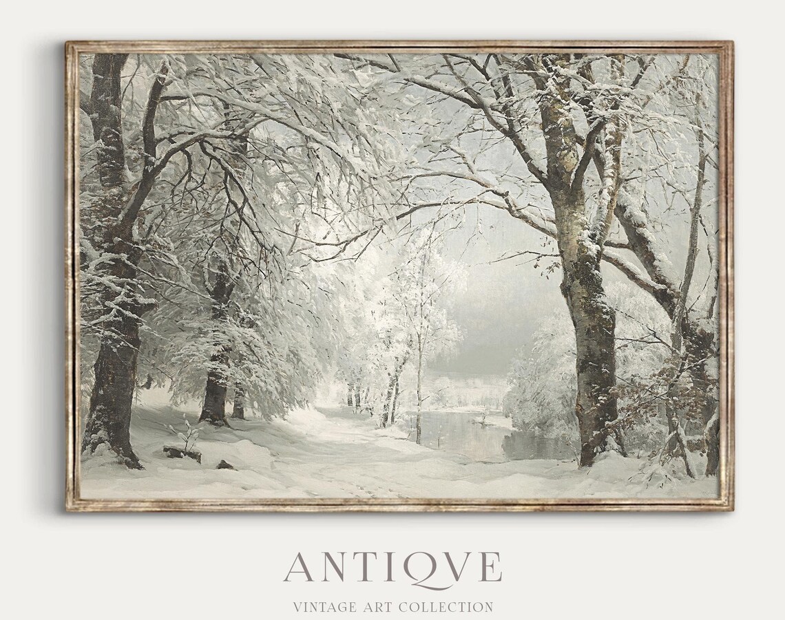 Vintage Winter Woods Painting, Snowy Landscape Art Print