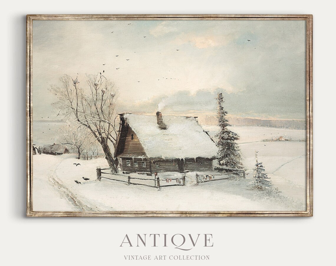 Vintage Snowy House Art Print, Country Winter Lodge