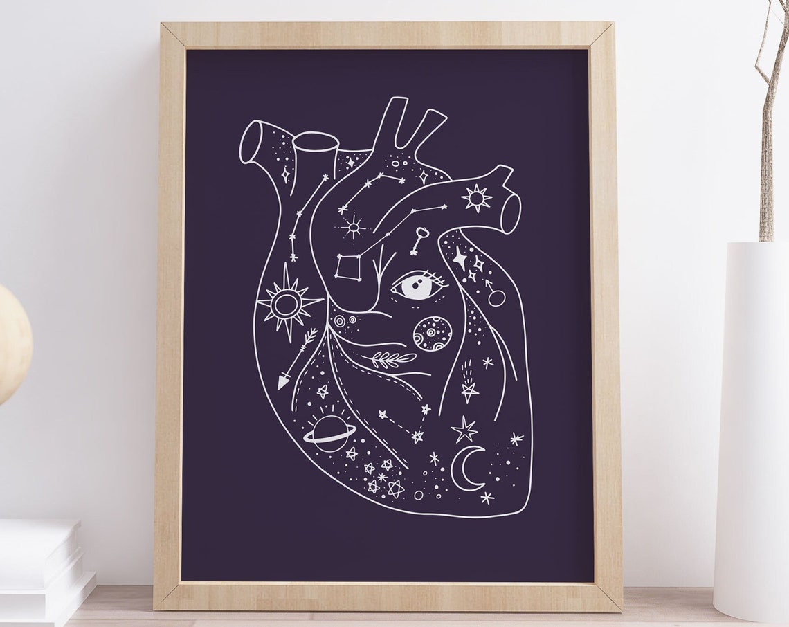 Celestial Anatomical Heart Mystic Boho Line Drawing Wall Art - Image 3
