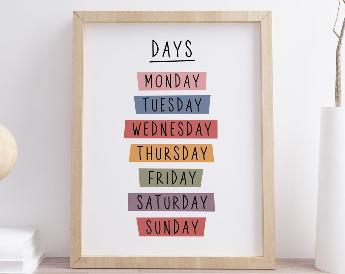 Days of the Week Colorful Labels Educational Kids Classroom Poster
