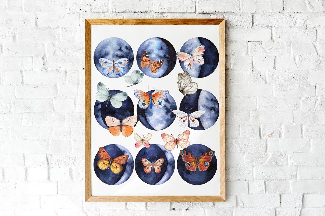 Butterflies And Moon Phases Ink Blue Celestial Watercolor Wall Art - Image 2