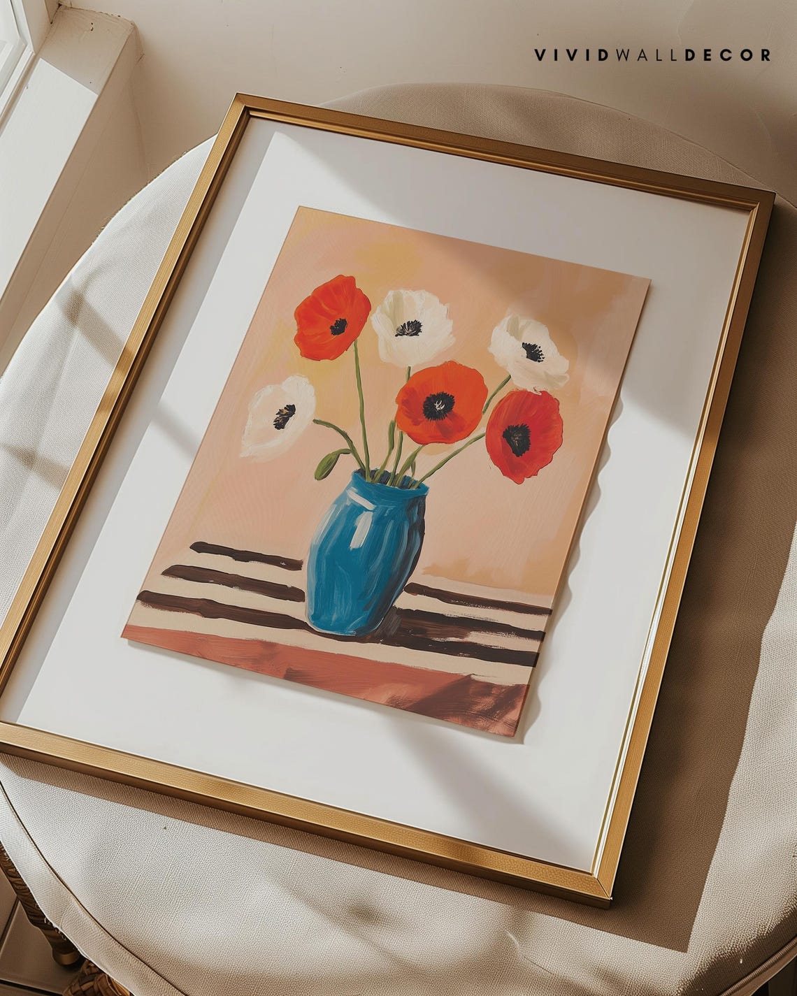 Red and White Poppies in Blue Vase Modern Botanical Art Poster - Image 3