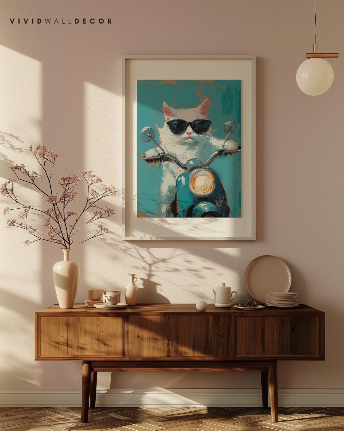 Cool White Cat in Sunglasses Riding Blue Scooter Funny Art Poster - Image 4