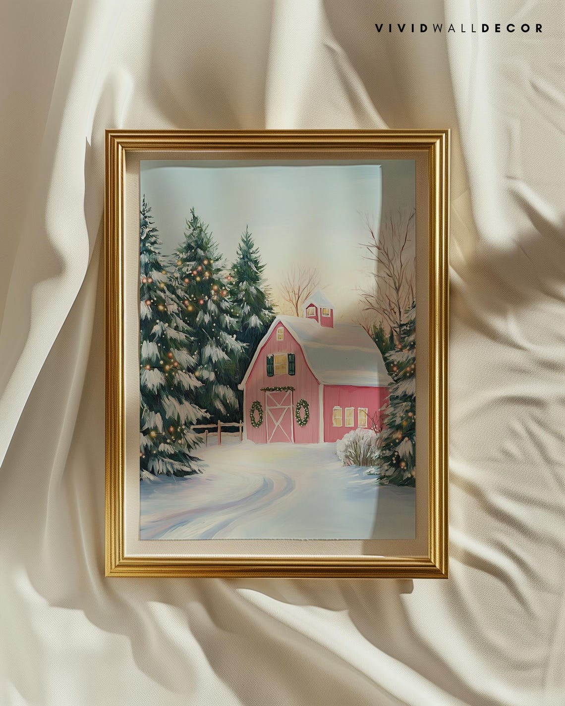Cozy Pink Barn With Christmas Wreaths In Fresh Winter Snow Poster - Image 2
