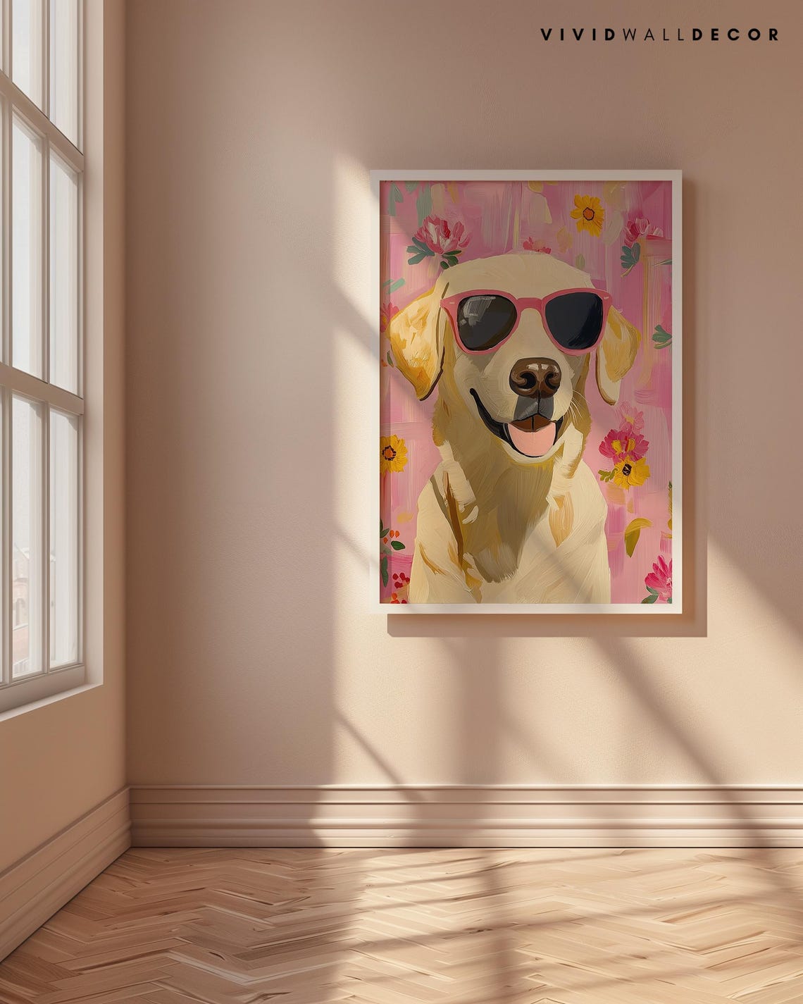 Smiling Golden Labrador in Pink Sunglasses Floral Portrait Poster - Image 4