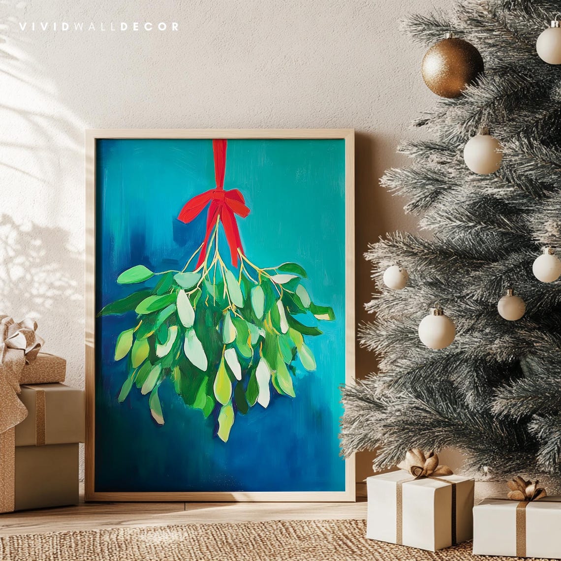 Mistletoe With Red Bow Hanging Against Teal Holiday Art Poster - Image 4