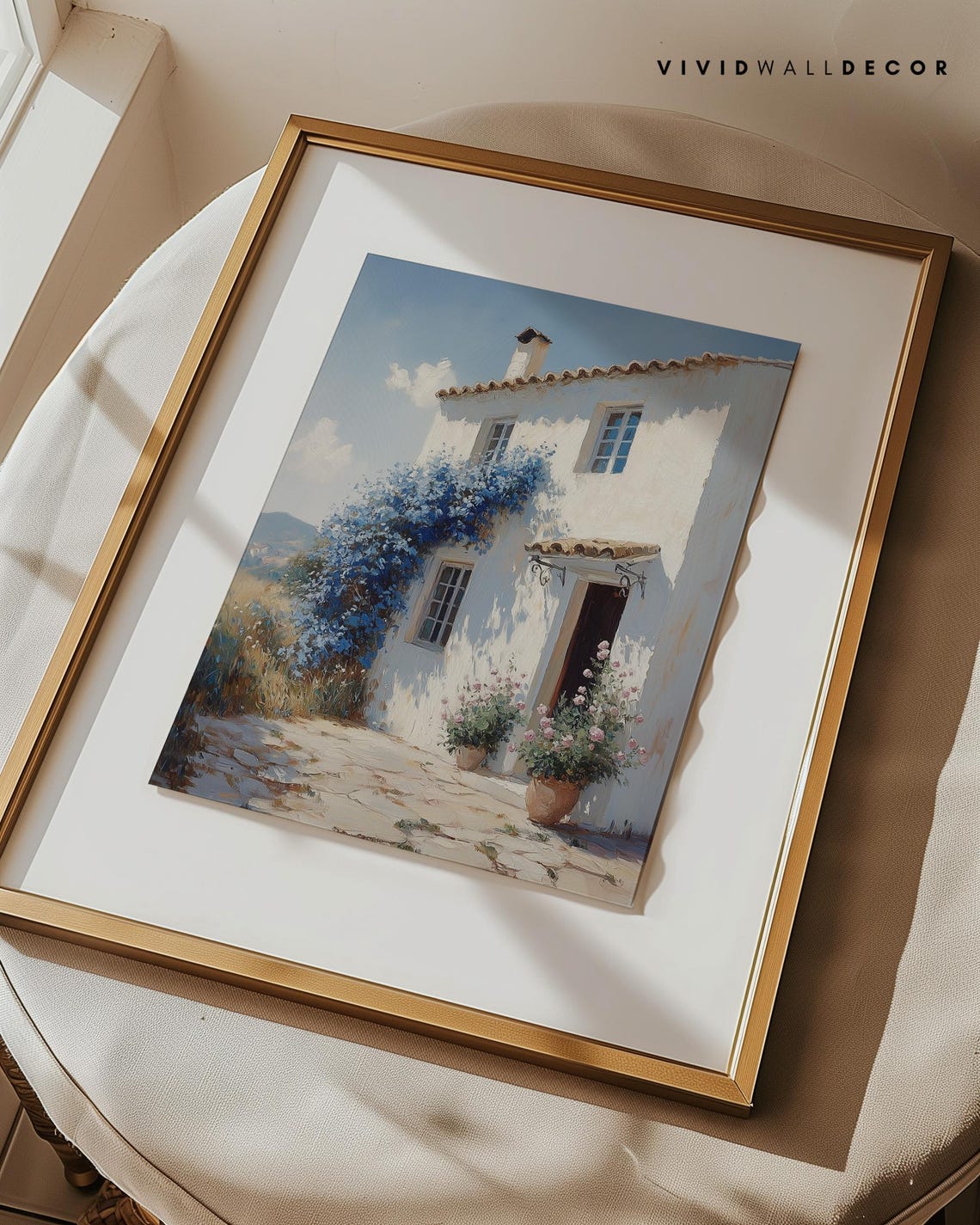 White Mediterranean Cottage with Blue Bougainvillea Sunny Poster - Image 2