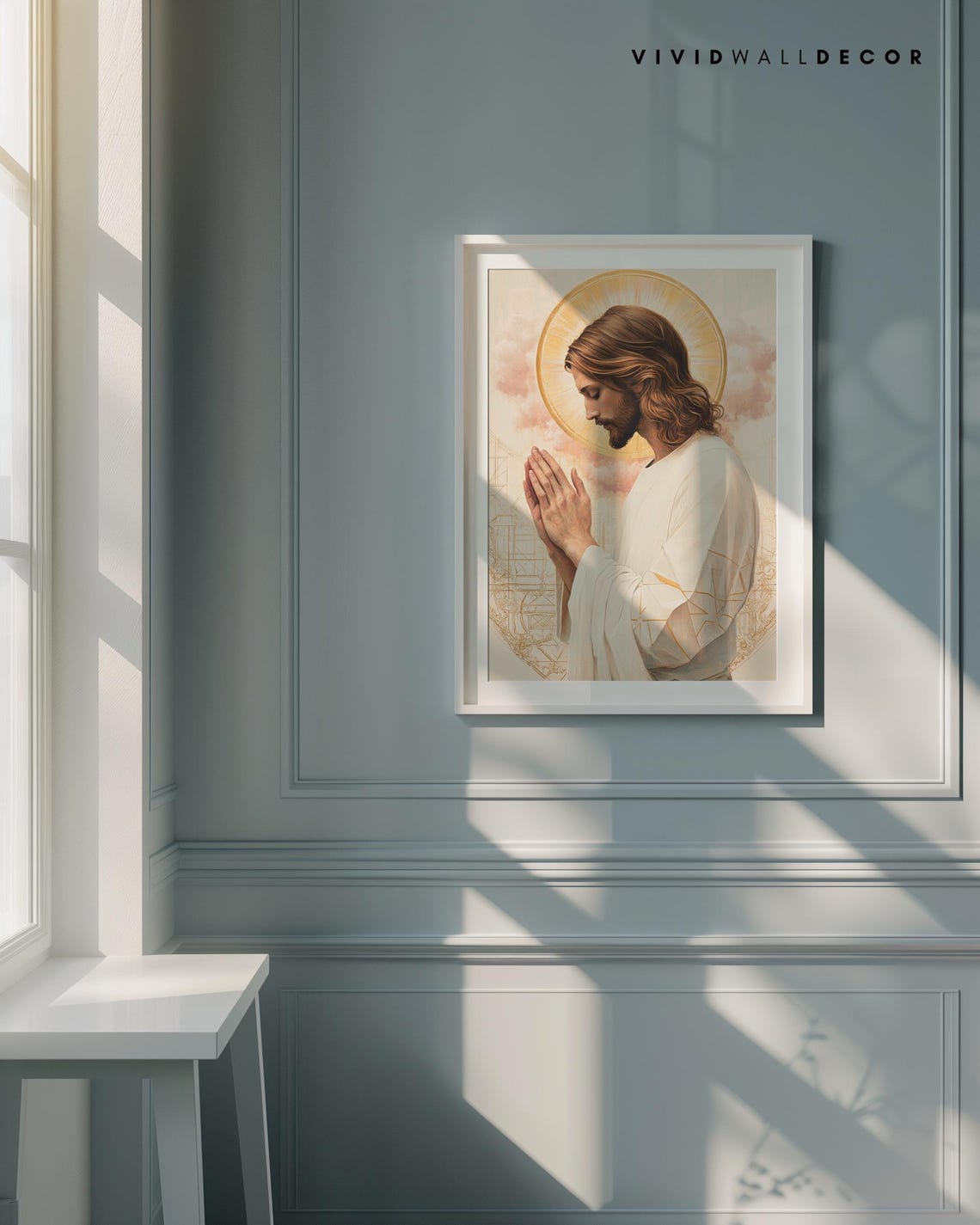 Jesus in Prayer With Halo Hands Folded Devotional Art Poster - Image 4