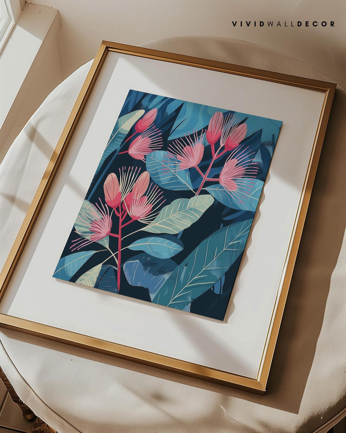 Pink Blossoms Navy Teal Modern Botanical Illustration Poster - Image 3