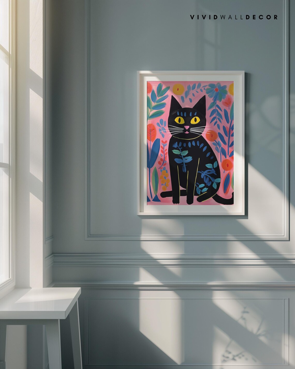 Playful Black Cat with Yellow Eyes Pink Floral Folk Art Poster - Image 4