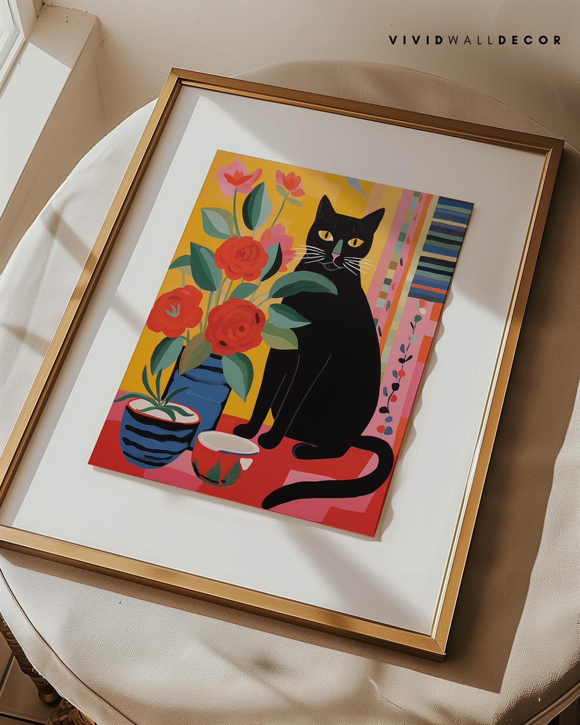 Bold Folk Art Black Cat with Red Roses Blue Vase Colorful Poster - Image 3