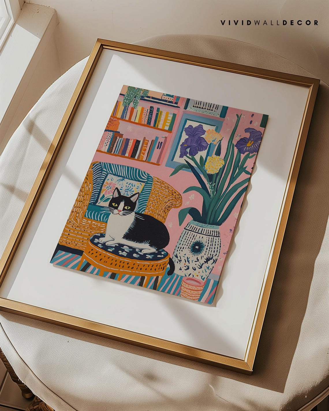Matisse Inspired Tuxedo Cat in a Cozy Pink Reading Corner Poster - Image 3