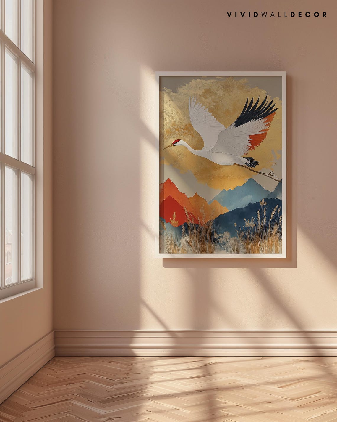 White Crane in Flight Over Golden Mountains Japanese Style Art Poster - Image 4