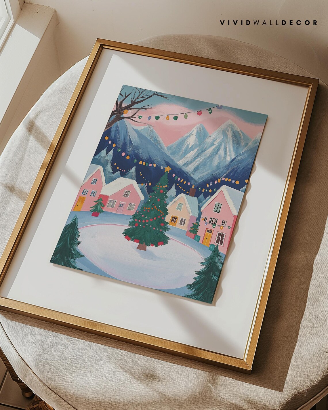 Pretty Pink Mountain Village Christmas Tree Scene At Night Poster - Image 3