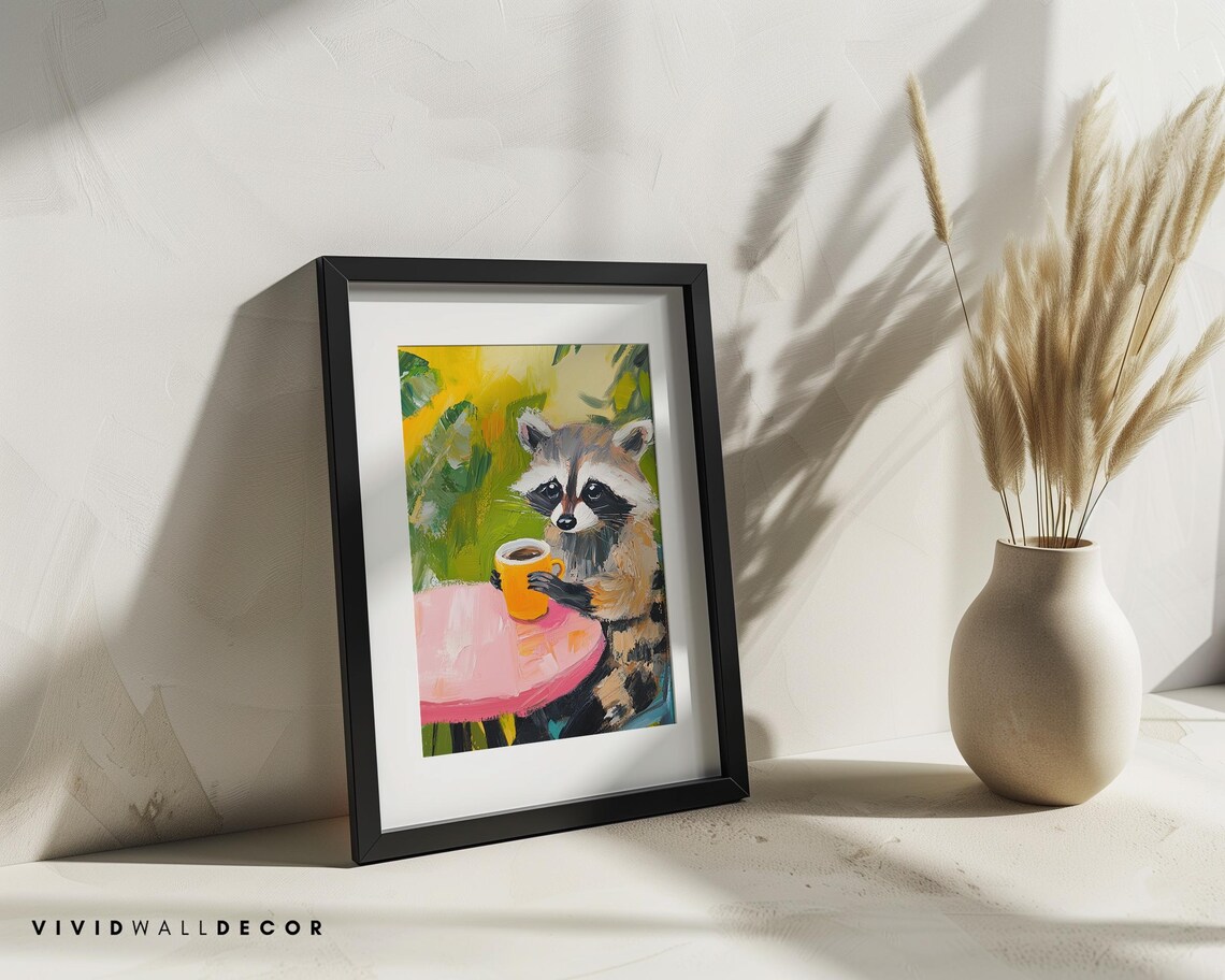 Cute Raccoon Holding Coffee Mug Playful Morning Animal Poster - Image 3