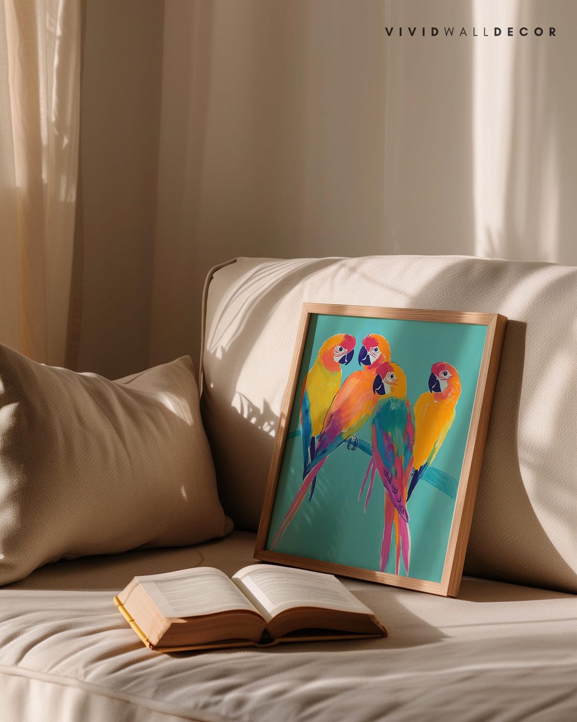 Four Rainbow-Colored Parrots Perched on a Teal Background Poster - Image 2