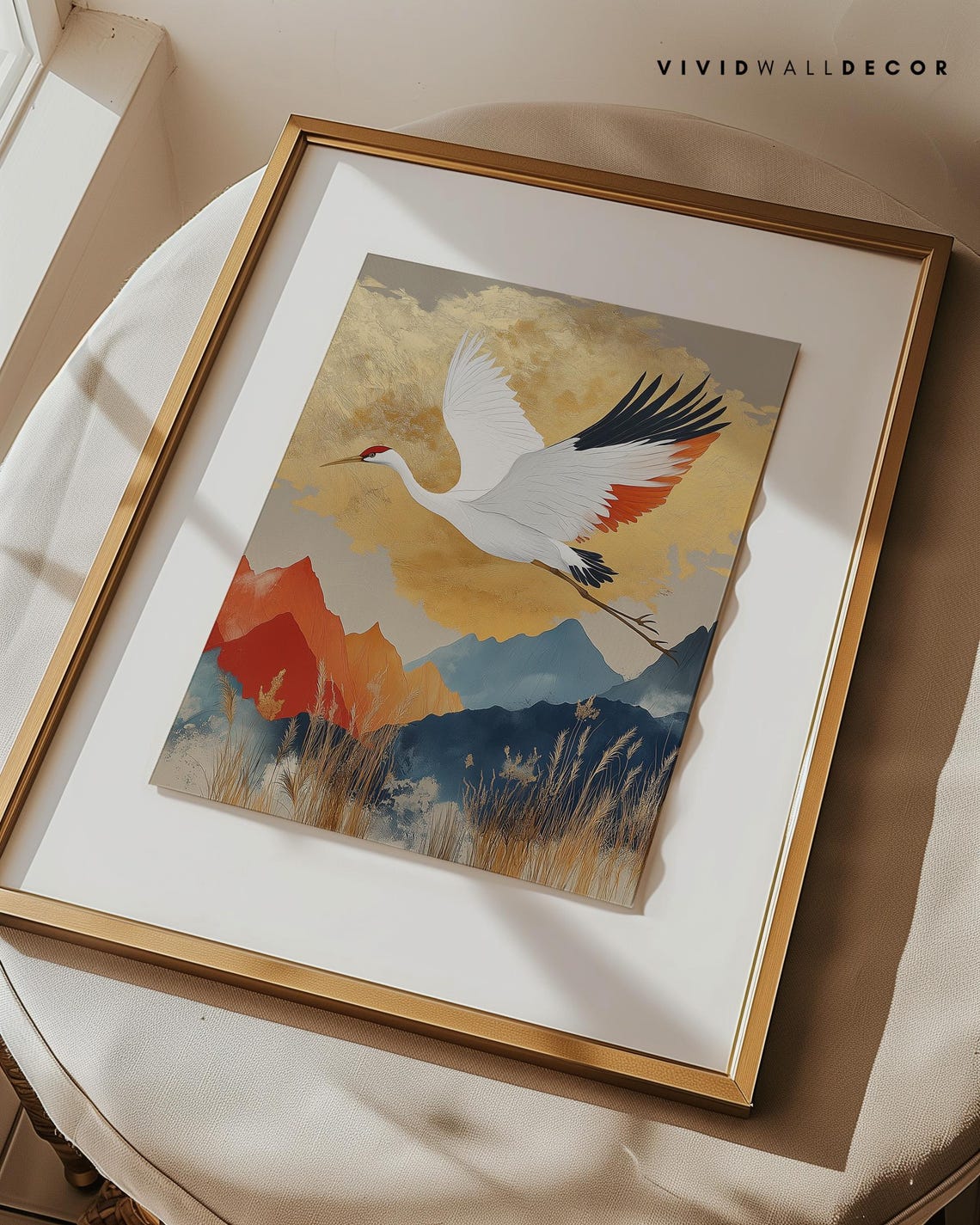 White Crane in Flight Over Golden Mountains Japanese Style Art Poster - Image 2