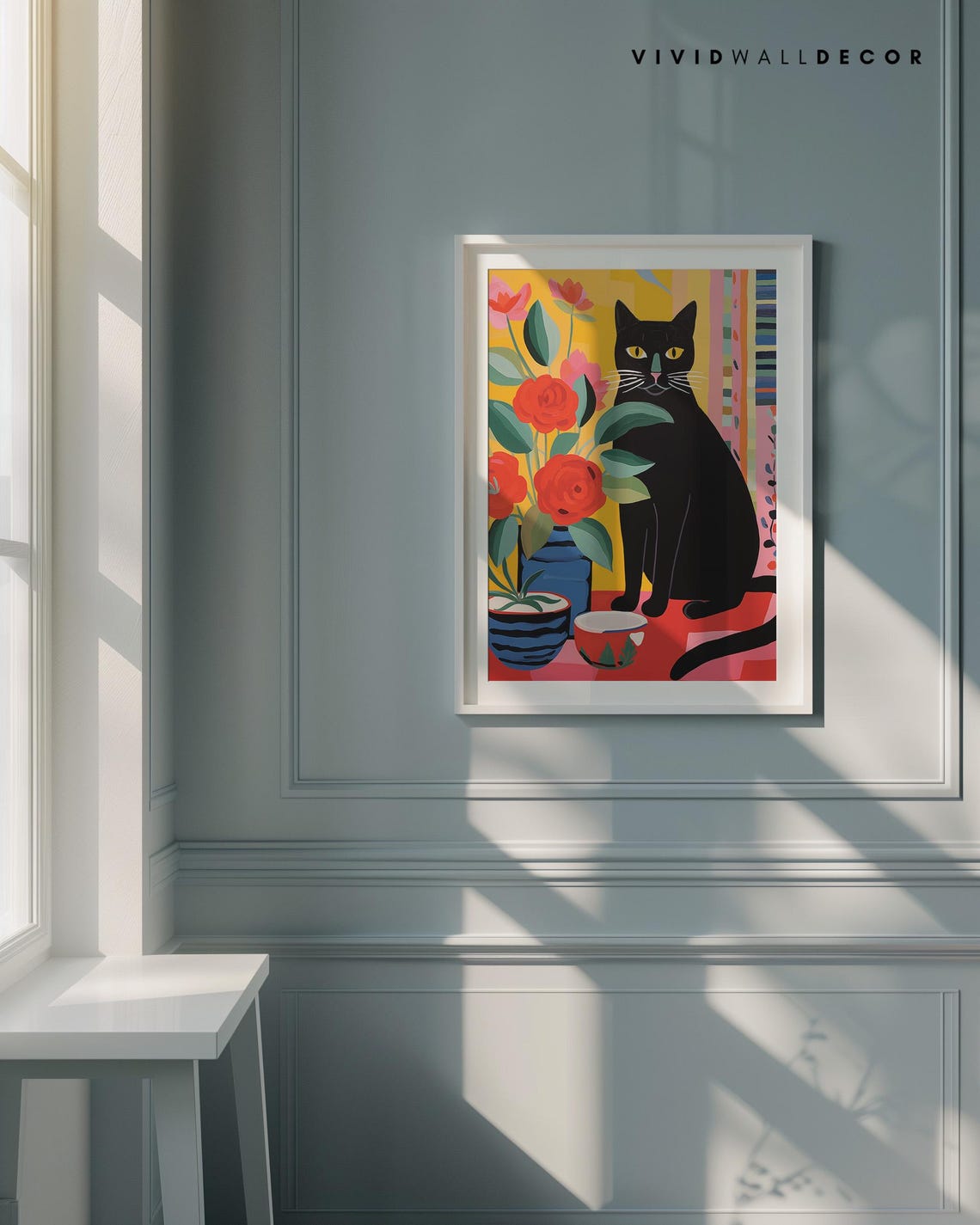 Bold Folk Art Black Cat with Red Roses Blue Vase Colorful Poster - Image 4