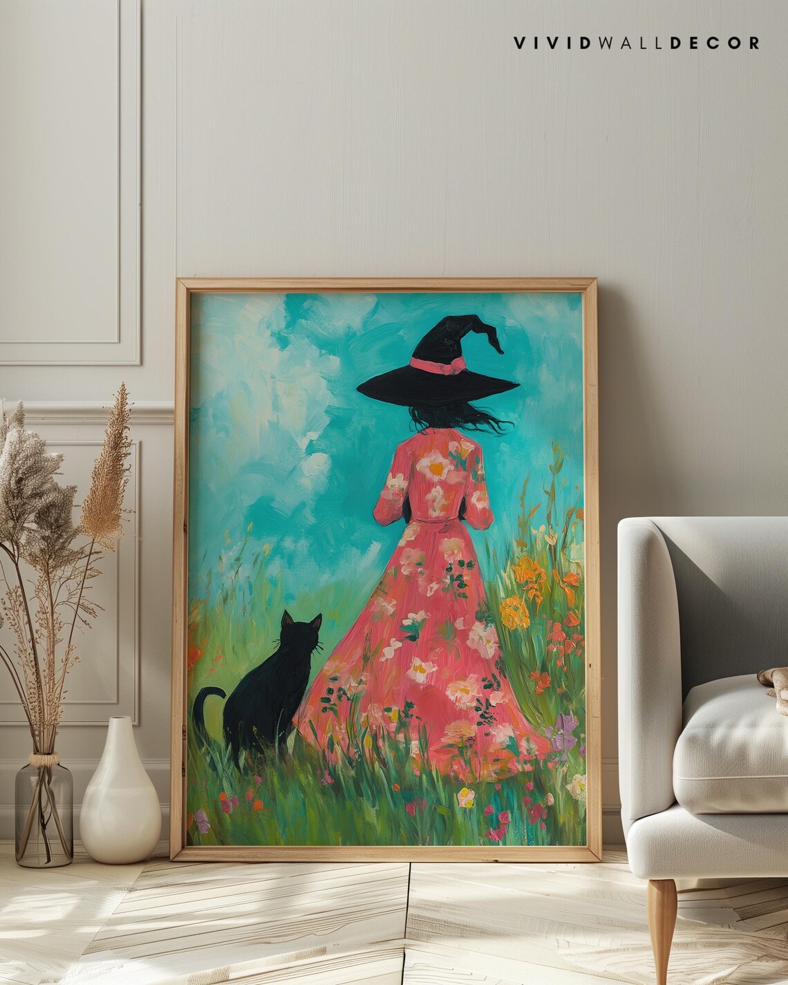 Floral Witch And Black Cat In A Wildflower Meadow Whimsical Halloween Poster - Image 4