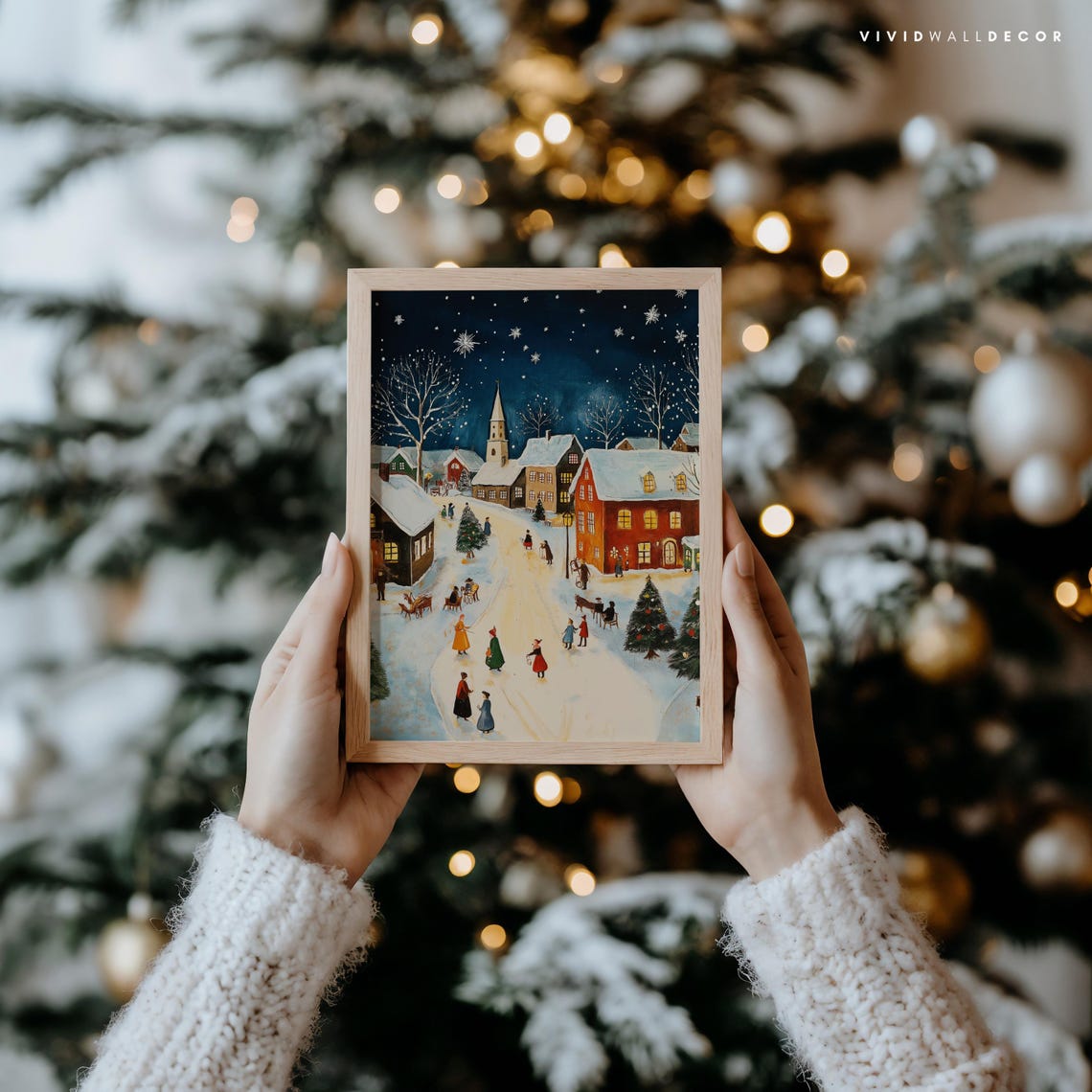 Snowy Village Christmas Eve Night Scene Folk Celebration Poster - Image 3