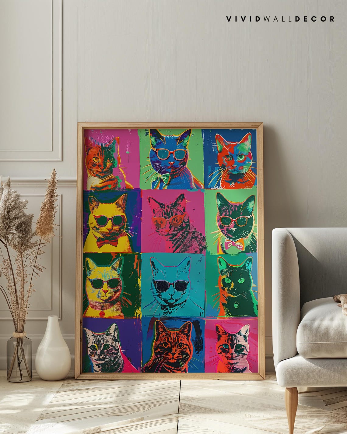 Pop Art Cat Portrait Grid Twelve Colorful Feline Faces Poster - Image 4
