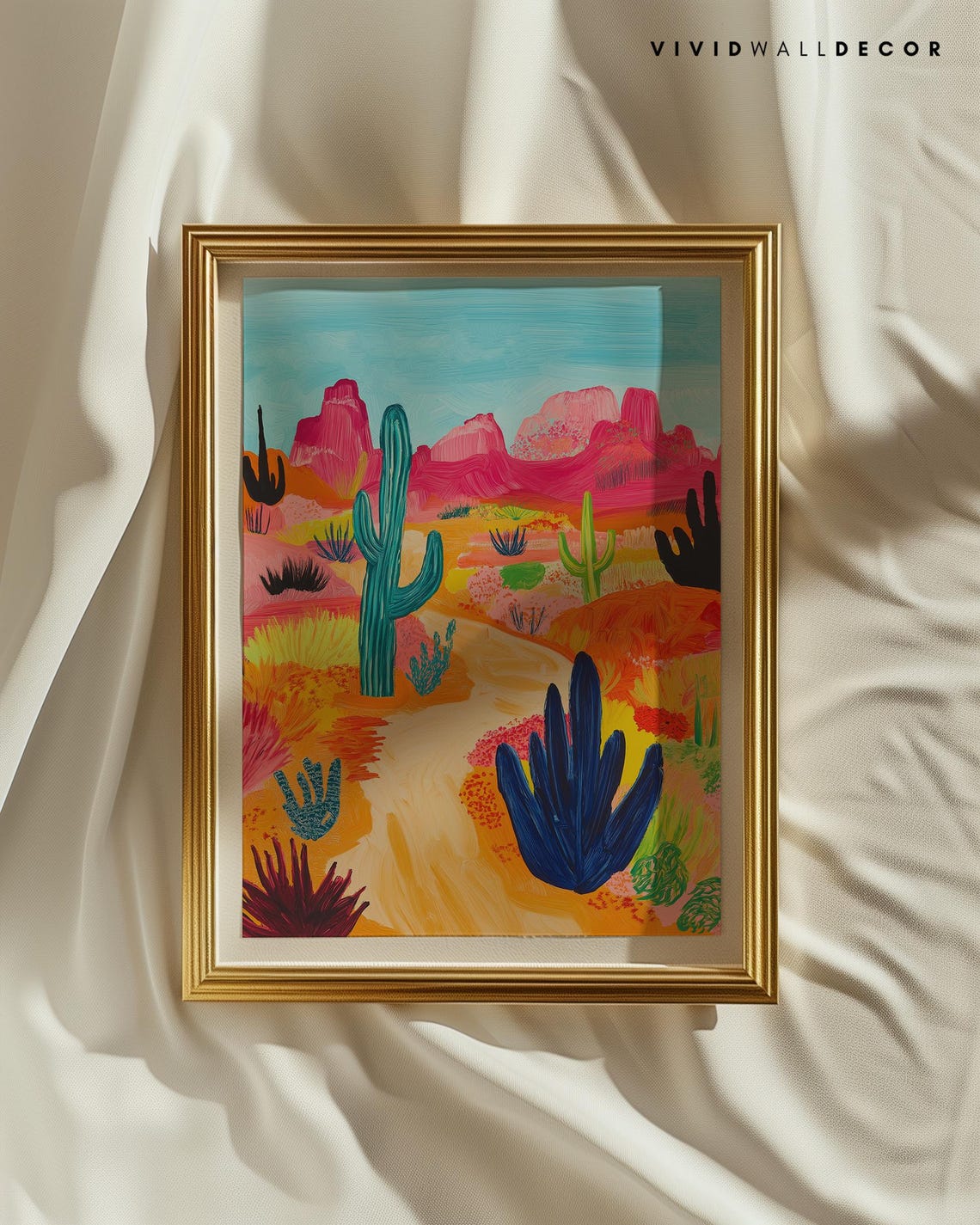 Colorful Desert Landscape With Saguaro Cacti And Pink Mesas Poster - Image 2